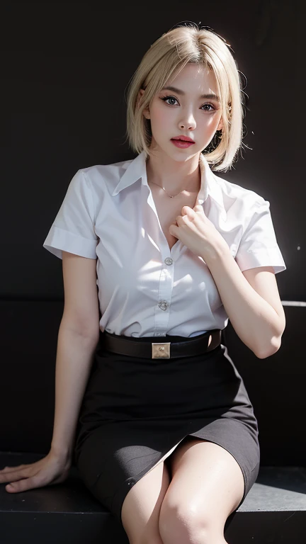 stand , (8k, best quality, masterpiece, ultra highres:1.2) Photo of Pretty thai woman beautiful, beautiful enchanting fashion contemporary painting with , (1girl), (white shirt short sleeves), ((black pencil skirt)), belt, ((hand down)), blonde hair , short hair, , realistic skin texture , (nudity), round chin, 85 mm art lens, f 1. 2, sharp focus, 8 k high definition, insanely detailed, intricate, elegant, large breasts, black skirt
