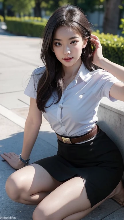 stand , (8k, best quality, masterpiece, ultra highres:1.2) Photo of Pretty thai woman beautiful, beautiful enchanting fashion contemporary painting with , (1girl), (white shirt short sleeves), ((black pencil skirt)), belt, ((hand down)), blonde hair , short hair, , realistic skin texture , (nudity), round chin, 85 mm art lens, f 1. 2, sharp focus, 8 k high definition, insanely detailed, intricate, elegant, large breasts, black skirt