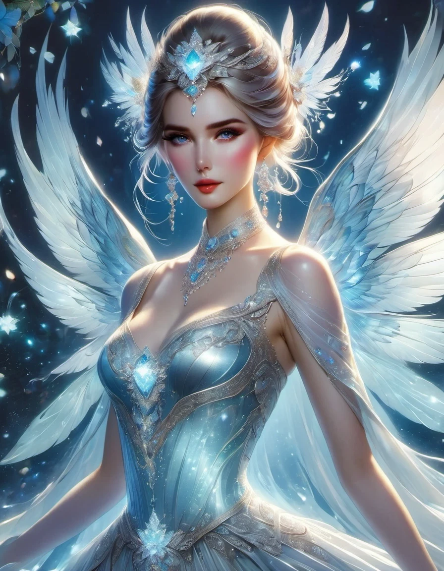 tarot card design，Created by Artgerm and kleggt, beautiful girl in the most beautiful diamond wedding dress in the world, medium shot, long tail style, studded with countless diamonds, sparkling, fair skin, big anime doe eyes, dynamic pose, smooth, perfect shadows, bird's-eye view, ultra-wide, dream, detailed, beautiful colorful, 16K HD rendering