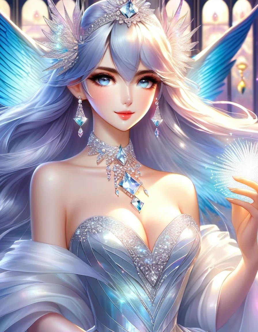 tarot card design,Created by Artgerm and kleggt, beautiful girl in the most beautiful diamond wedding dress in the world, medium shot, long tail style, studded with countless diamonds, sparkling, fair skin, big anime doe eyes, dynamic pose, smooth, perfect shadows, bird's-eye view, ultra-wide, dream, detailed, beautiful colorful, 16K HD rendering