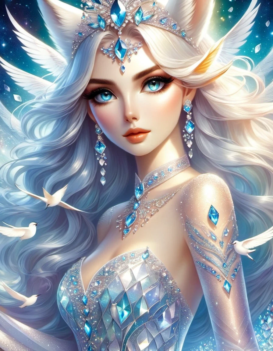 tarot card design，Created by Artgerm and kleggt, beautiful girl in the most beautiful diamond wedding dress in the world, medium shot, long tail style, studded with countless diamonds, sparkling, fair skin, big anime doe eyes, dynamic pose, smooth, perfect shadows, bird's-eye view, ultra-wide, dream, detailed, beautiful colorful, 16K HD rendering