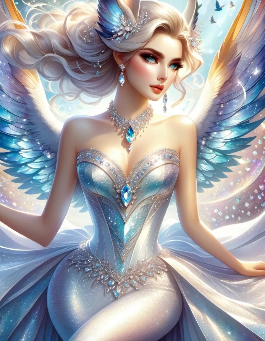 tarot card design，Created by Artgerm and kleggt, beautiful girl in the most beautiful diamond wedding dress in the world, medium shot, long tail style, studded with countless diamonds, sparkling, fair skin, big anime doe eyes, dynamic pose, smooth, perfect shadows, bird's-eye view, ultra-wide, dream, detailed, beautiful colorful, 16K HD rendering