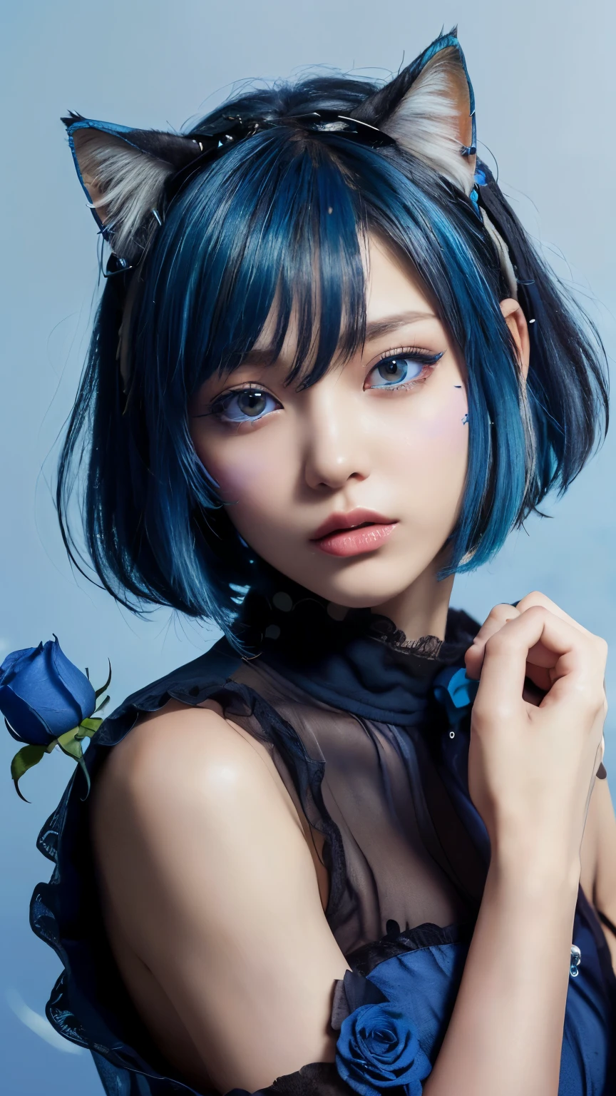 (Emo Art:1.6)masterpiece, 4k, Bokeh, beautiful face, (multiple girls:1.4), Harem, (group photo:1.2), (Cat ear:1.3), (blue medium bob hair:1.4), (blue theme:1.6), looking at the viewer, (Blue roses:1.4), (blue cafe background:1.5), (Upper body shot:1.4)