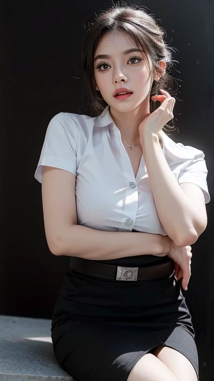 stand , (8k, best quality, masterpiece, ultra highres:1.2) Photo of Pretty thai woman beautiful, beautiful enchanting fashion contemporary painting with , (1girl), (white shirt short sleeves), ((black pencil skirt)), belt, ((hand down)), blonde hair , short hair, , realistic skin texture , (nudity), round chin, 85 mm art lens, f 1. 2, sharp focus, 8 k high definition, insanely detailed, intricate, elegant, large breasts, black skirt