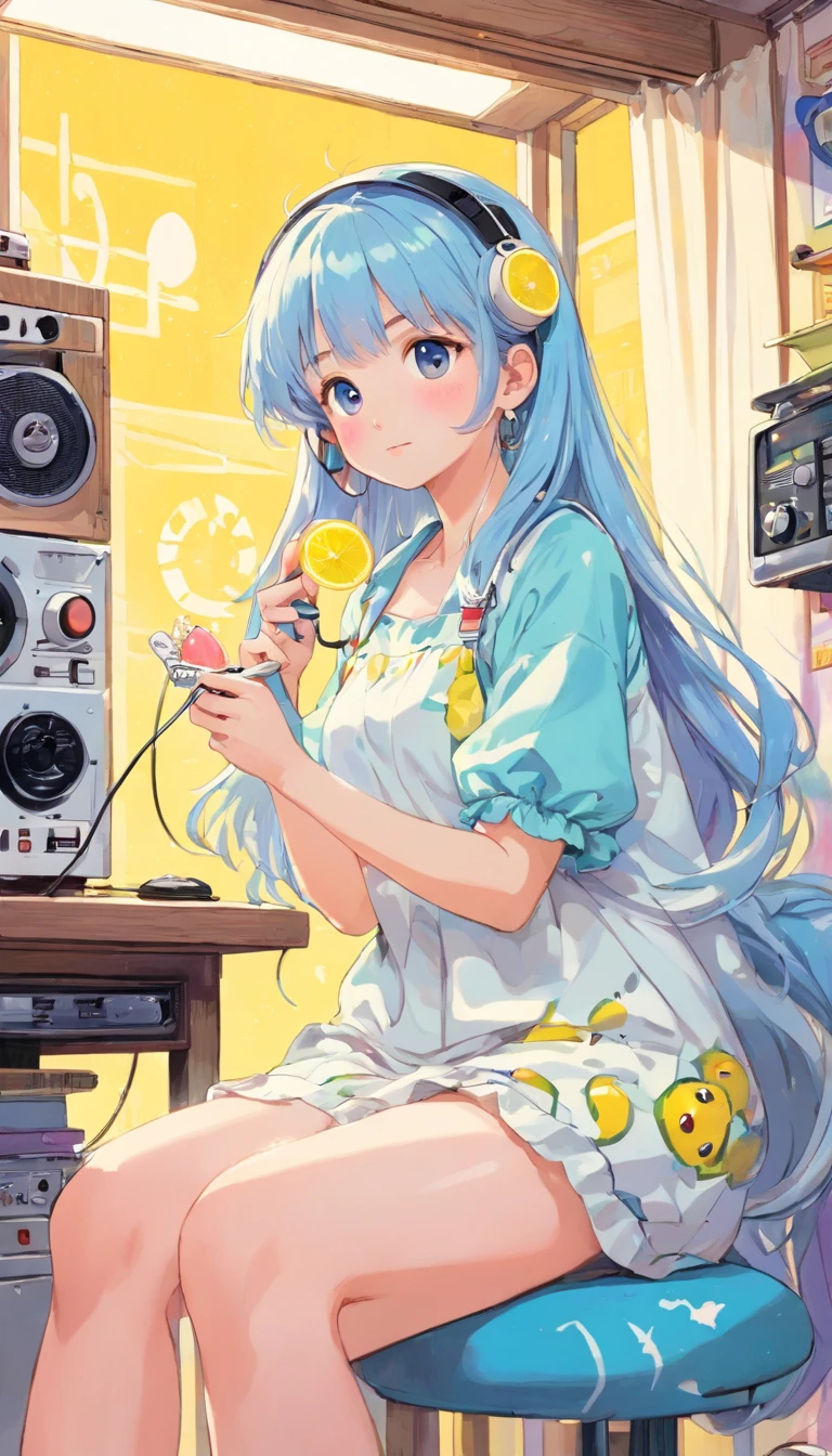 perfect body、girl、(((Girl's UP)))、(((The girl's face is well visible)))、make many round chicks、((12 years old))、(((cassette tape、radio cassette player、record)))、可愛い美girl、((Listening to music with headphones on))、machine、Note、computer、light bulb、window、Chair、curtain、retro、(((80s))) Neon color、pastel colour、((blue and white room))、Polka dot pattern、lemon、80'sパターン、round pattern、square pattern、Cartoon screentones、Dot pattern is applied from above、cooking、chick chick、Cotton candy、candy、(((Get into a rhythm))), (((lofi-art))), Cute white fur ball creature、(((The structure and balance of the face of the human body, objects, and living things are well-balanced without any discomfort.))), (((the fingers of the hand5Book))), (((beautiful and well-shaped body)))、(((Cute and beautiful face)))、Ramune Ramune Ramune、summer、青と白のPolka dot pattern