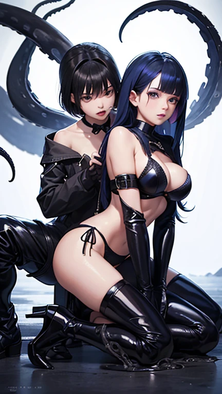 (((2 girls))), ((attacked by blue tentacles)), ((chocking tentacles)), short hair, longhair ponytale, ((tentacles tearing down clothes)), (big breasts), many tentacles, hands in panties, perfect bodies, sexy black underwear, high heels leather boots, black silk bra, obedient and shy, (blue tentacles around), high contrast light on body, face in shadow, perfect composition, highly detailed, full body