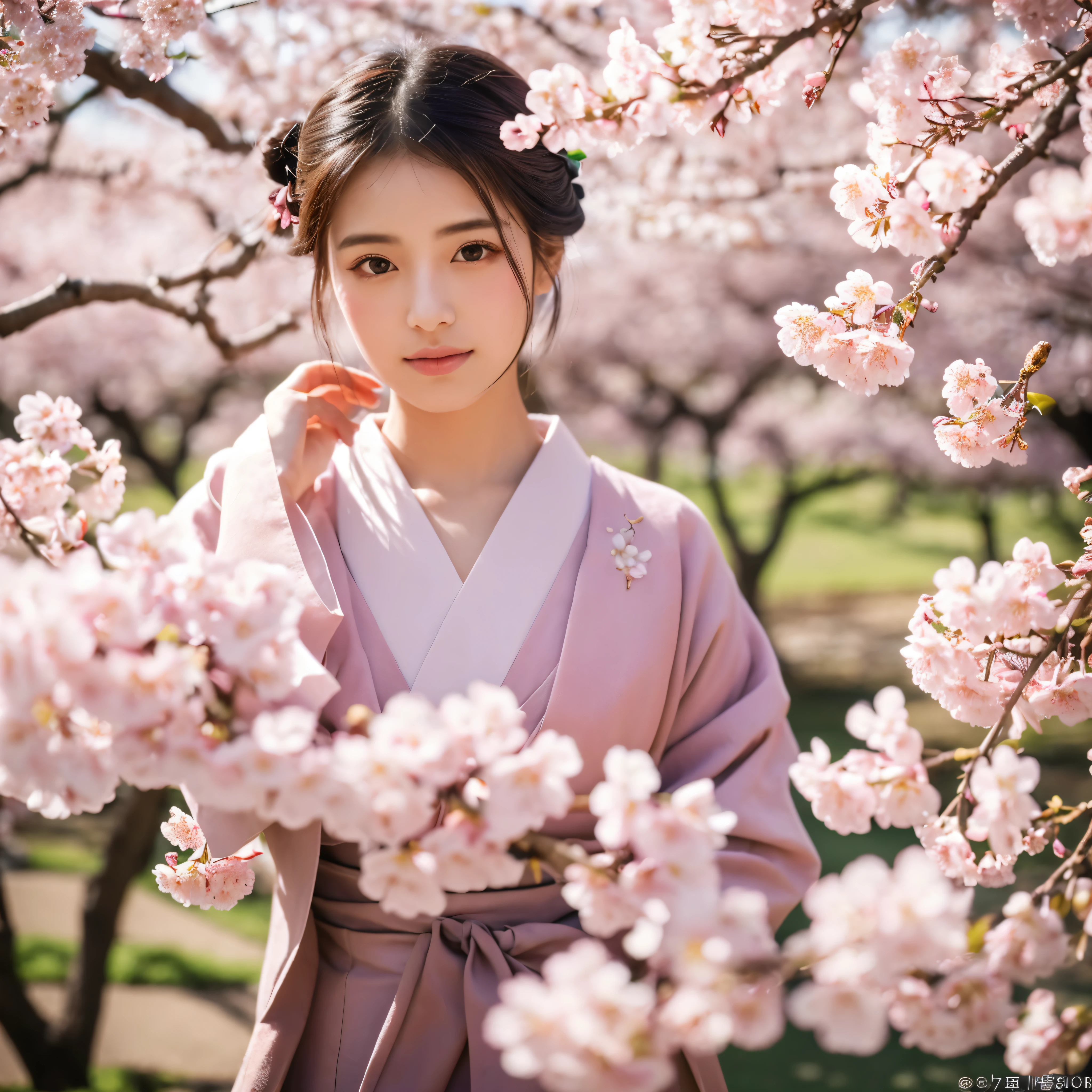 (best quality,4k,highres,ultra-detailed),(realistic:1.37),(HDR,studio lighting),(portrait),(vivid colors),(cherry blossom theme),(young),(beautiful),18 years old,(Japanese),(detailed skin),(perfect proportions),hair styled in a neat bun,(hairpin),(hair accessories),stunning kimono with a cherry blossom pattern,(furisode),(gorgeous obi),Okayama's Korakuen Garden with blooming cherry blossoms,(sakura),(serene atmosphere),(peaceful environment),(harmonious composition),(graceful),(elegant),(tranquil scene),(delicate petals),(soft sunlight),(subtle shadows),(natural beauty)