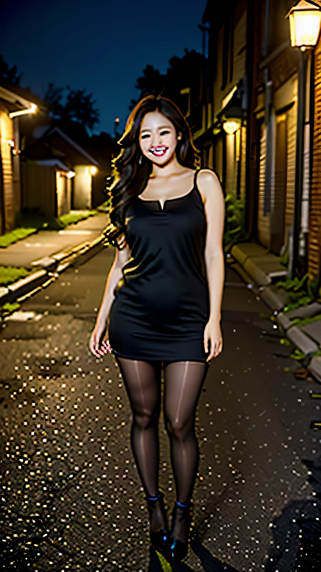 plump，stand，long hair，Hair brownish-black，High heel，Smile，night，dark street，Dilapidated houses，Vision