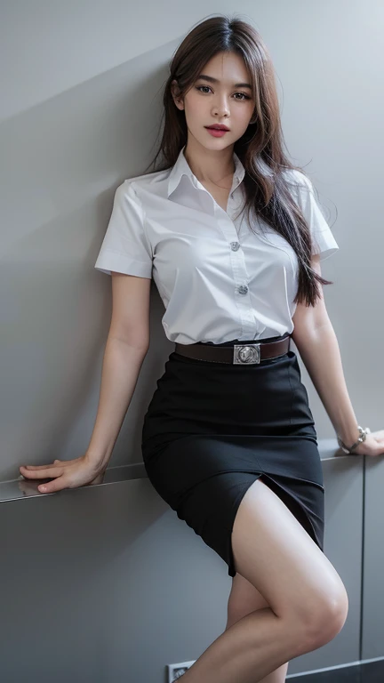 stand , (8k, best quality, masterpiece, ultra highres:1.2) Photo of Pretty thai woman beautiful, beautiful enchanting fashion contemporary painting with  , (1girl), (white shirt short sleeves), ((black pencil skirt)), belt , , blonde hair, , realistic skin texture , round chin, 85 mm art lens, f 1. 2, sharp focus, 8 k high definition, insanely detailed, intricate, elegant, ?????????????, black skirt