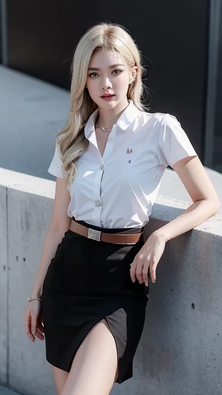 stand , (8k, best quality, masterpiece, ultra highres:1.2) Photo of Pretty thai woman beautiful, beautiful enchanting fashion contemporary painting with , (1girl), (white shirt short sleeves), ((black pencil skirt)), belt , , blonde hair, , realistic skin texture , round chin, 85 mm art lens, f 1. 2, sharp focus, 8 k high definition, insanely detailed, intricate, elegant, large breasts, black skirt