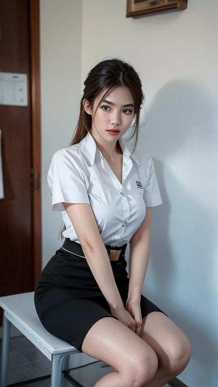 stand , (8k, best quality, masterpiece, ultra highres:1.2) Photo of Pretty thai woman beautiful, beautiful enchanting fashion contemporary painting with  , (1girl), (white shirt short sleeves), ((black pencil skirt)), belt , , blonde hair, , realistic skin texture , round chin, 85 mm art lens, f 1. 2, sharp focus, 8 k high definition, insanely detailed, intricate, elegant, large breasts, black skirt