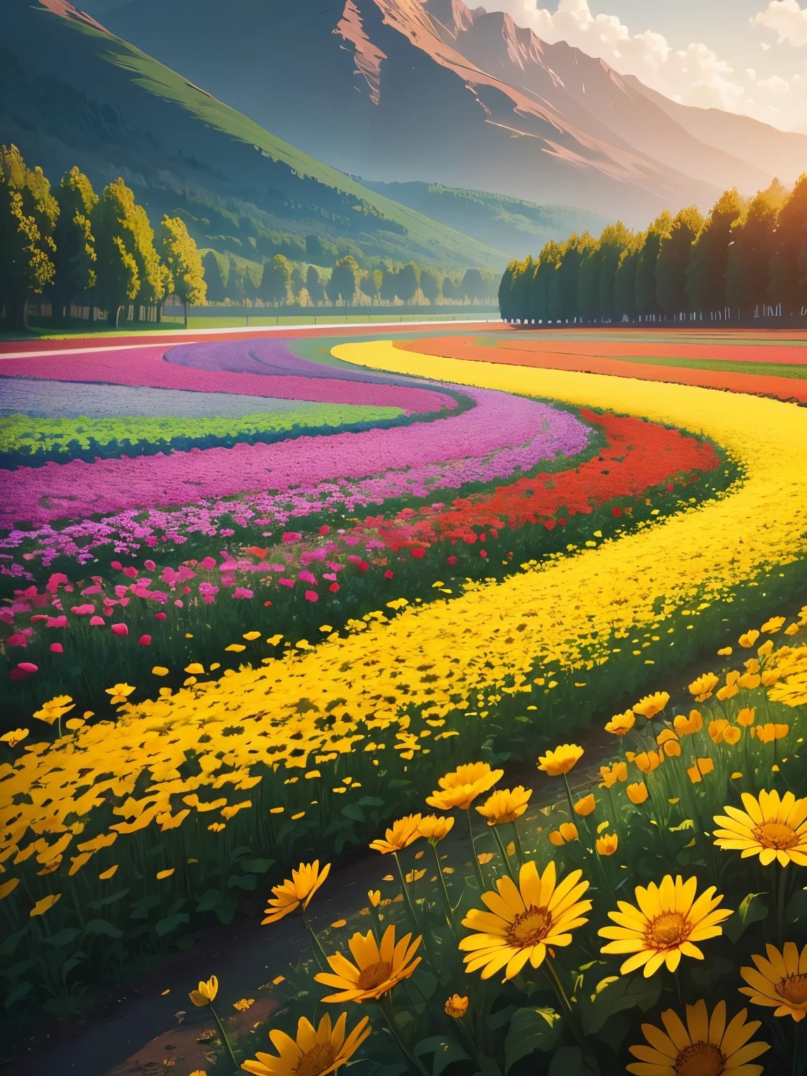 flower field (bloom), colorful flowers, ultra detailed, high quality, 8k resolution
