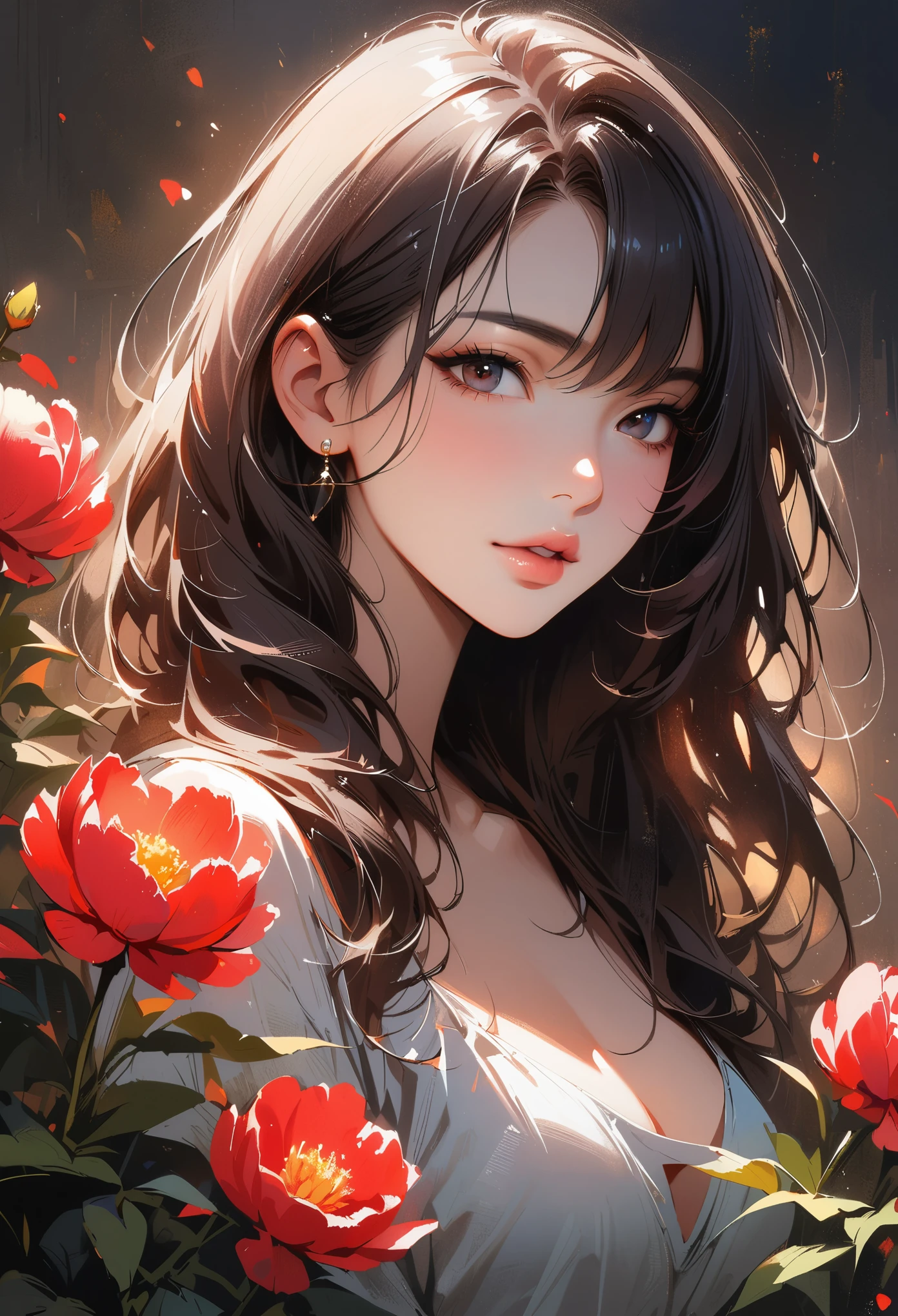 (best quality, High resolution, masterpiece:1.2), a vibrant, delicate lips, exquisite eyes, Realistic lighting, female love, Lively, No background, solitary figure, plant-based women, peony,