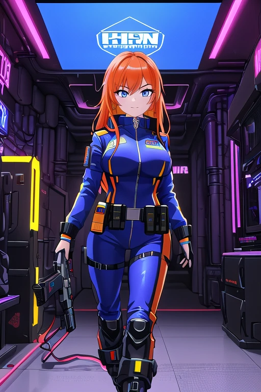 (masterpiece, 4k, high quality, colorful, super detailed eyes and face:1.2), 1girl, cowboy shot, Sexy experienced agent girl in futuristic bodysuit in action, Cyberpunk Agent, 30 years old, orange hair, blue eyes, (Wearing: highly detailed futuristic jumpsuit, utility belt, boots), She's holding two pistol's in both hands. She's looking at the camera with an arrogant smile. dynamic pose, electrifying image, (Background: Indoors, Cyberpunk facility, and futuristic technology in the background, harsh high-tech atmosphere)