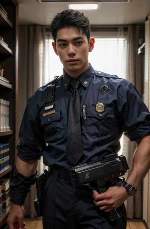 1 young handsome guy,20-25 years old,police officers,Interpol,Police Department,With a gun,Handsome,musculous,Thin muscles,hairy bodies,Police uniform(Fine eye 1:3),Black eyes,full bodyesbian,full bodyesbian