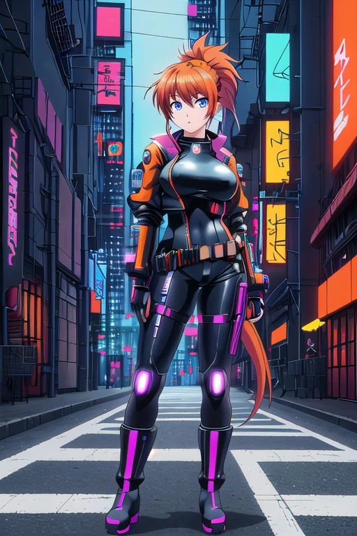 hd masterpiece, anime girl, 1girl ((32year old, dressed in a tight futuristic sci-fi bodysuit, utility belt, boots, medium breasts, short orange hair, pony tail styled hair, perfect model body:1.3, detailed blue eyes:1.5, standing the streets of a cyberpunk city with futuristic technology in the background:1.5)), dreamy cyberpunk girl, anime cyberpunk art, digital cyberpunk - anime art, cyberpunk anime girl, digital cyberpunk anime art, cyberpunk, cyberpunk anime art, cyberpunk vibe, cyberpunk art style ((solo:1.6))