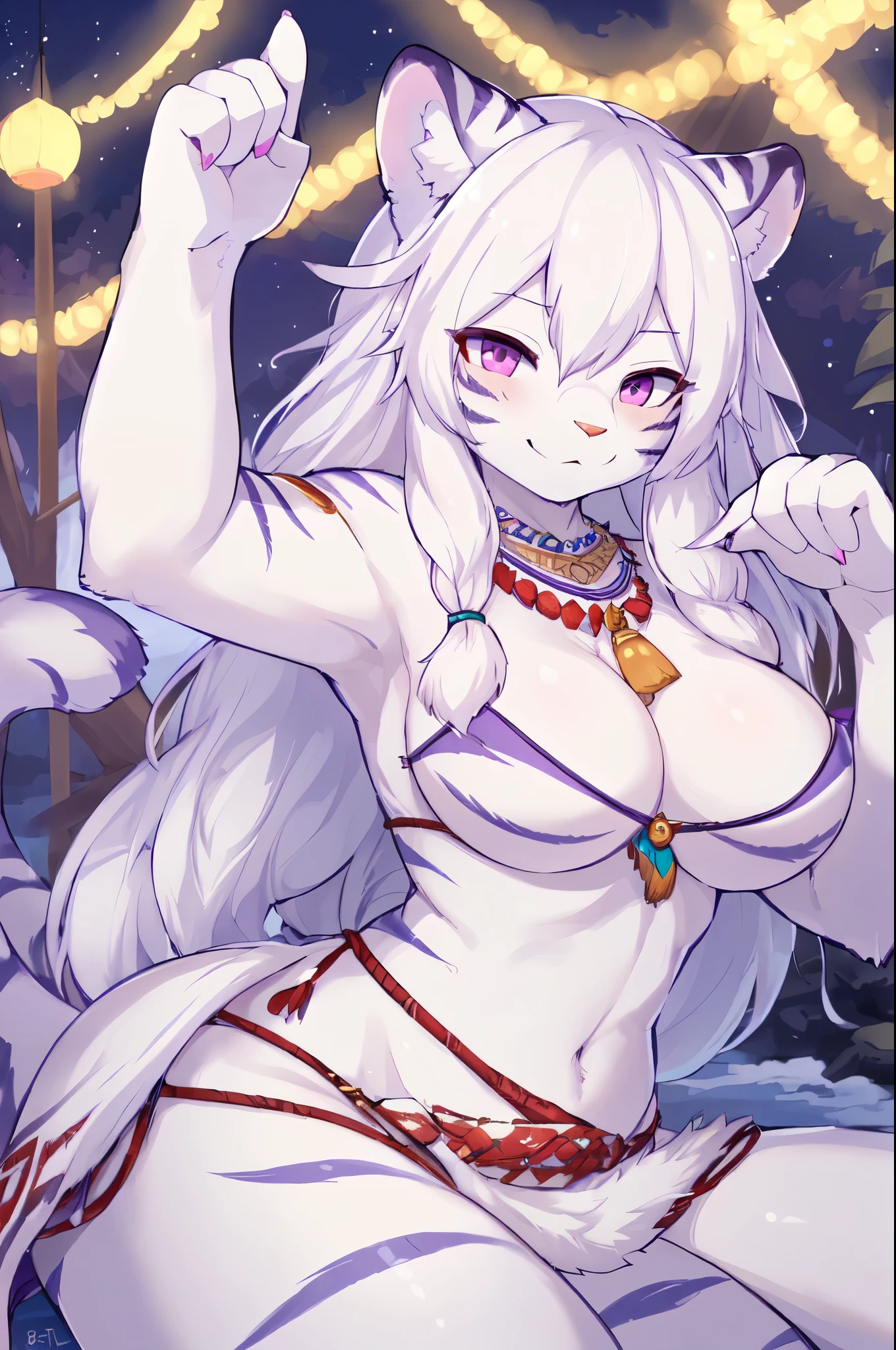 ((8k, 4k, Detailed, High quality)), furry, female, mature female, by buta99, arctic tiger, sexy body, cute face, long white hair, pink eyes, purple pupils, tiger tail, tribal clothing,