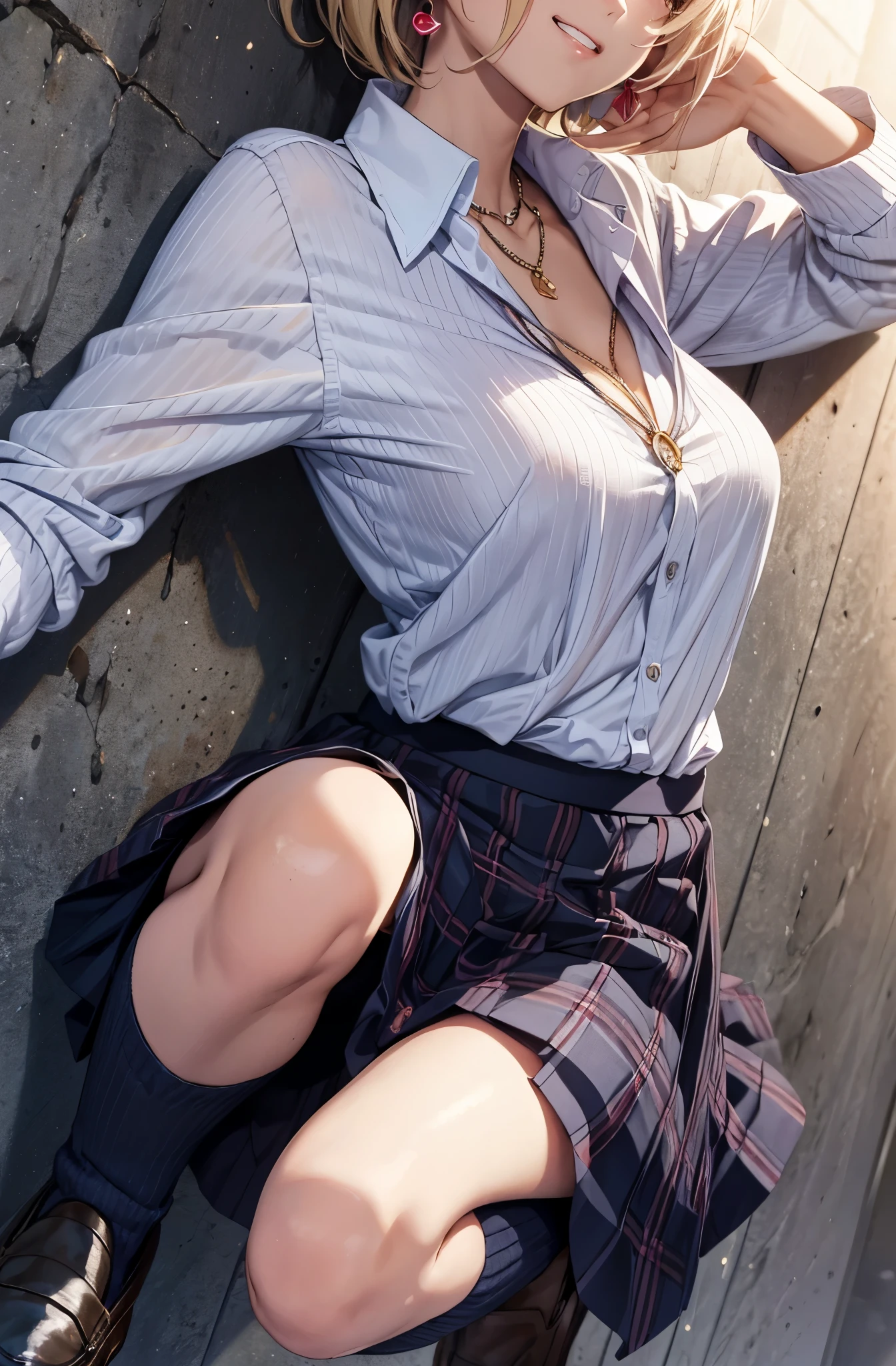 one girl,18 years old girl,gyaru,slender body,short blonde hair,grin,piece sign,earrings,necklace,high ,blouse,ribbon,skirt,loose socks,loafers