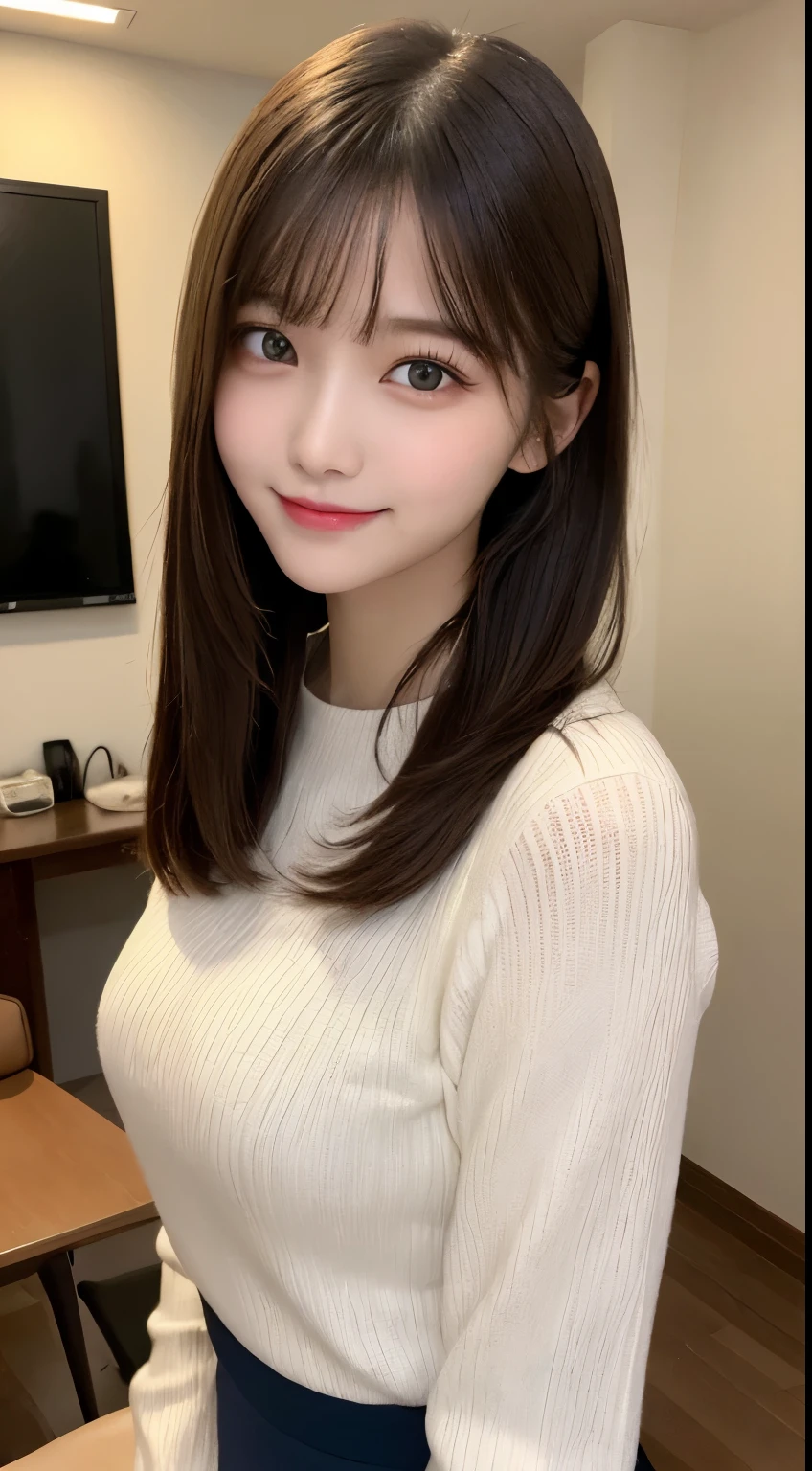 table top, highest quality, shape, Super detailed, finely, High resolution, 8k wallpaper, 完璧なダイナミックな構shape, beautiful and detailed eyes, straight hair, small breasts, natural color lip, random sexy pose,smile,20 year old girl、midnight、Beautiful and dense face、perfect and beautiful face,Big eyes、Raw photo、Expressing feminine poses with your whole body、beautiful and detailed eyes、small face、beautiful duplex、slim face and style,beautiful golden ratio face、Tight Skirt(navy)、long sleeve blouse（white）