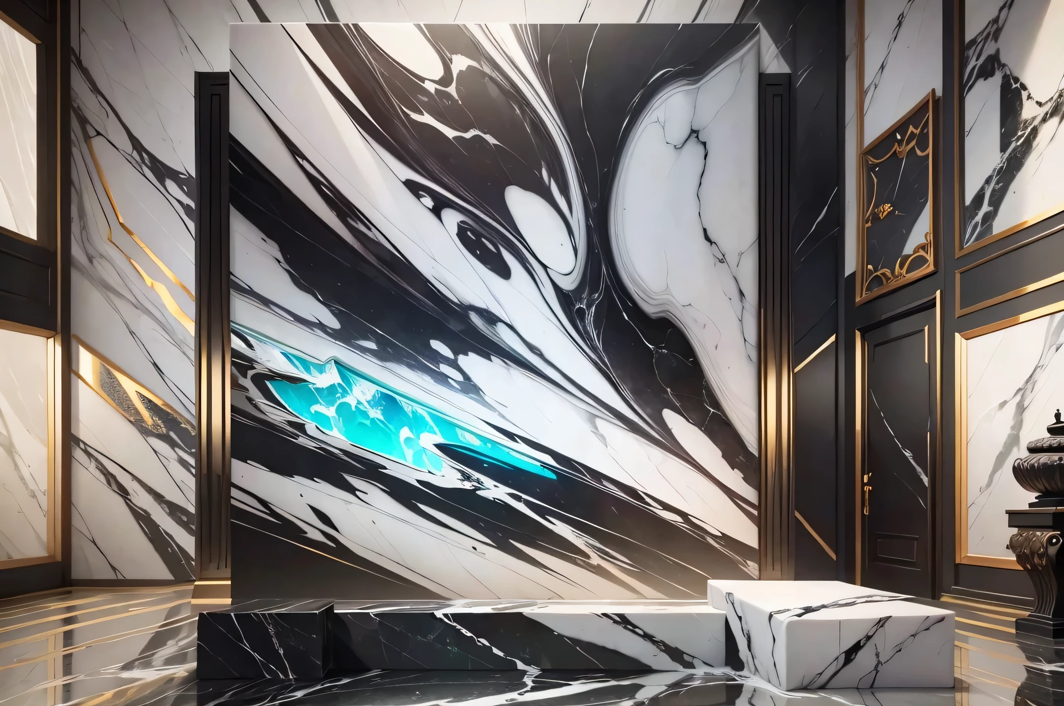 arafed view of a living room with a large marble wall, marble walls, stone marble, marble stone, heavenly marble, on a large marble wall, carved marble texture silk cloth, ashford black marble, black marble, 4K/8, marble, masterpiece w 1024, marble slabs, carved black marble, blue marble, polished white marble