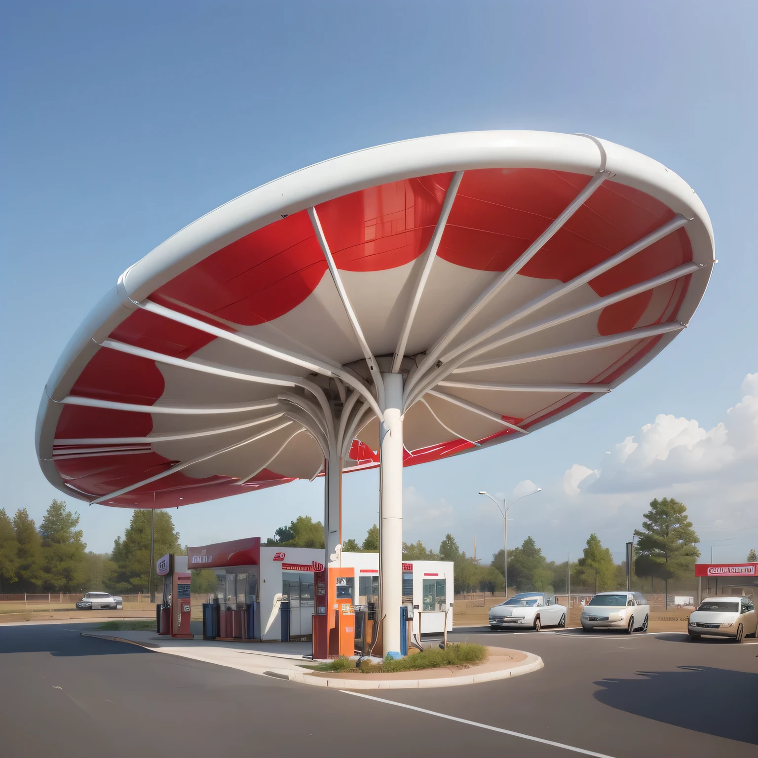 arafed gas station with a red and white canopy and cars, gas station, gas station in space, “gas station photography, overhead canopy, gas, Rendering of a Wendigo, cgi rendering, highly rendered, artist's impression, inside a gas station, author:Andrei Wroblewski, artistic rendering, artist impression, canopies, rendering art
