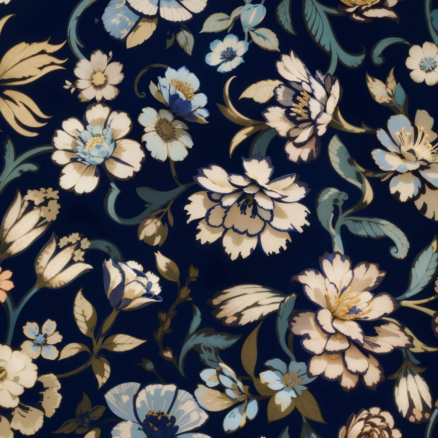 Close-up on blue background,There is a bouquet of flowers on it, inspired by William Morris, ornate flowery, flowery dream, flowery pattern, beatrice blue, Textile printing, Paisley, gorgeous flowers, gilded. flowery, Indigo blooming garden, Baroque fabric, flowery motives, blue forest with flowers, embroidered velvet, Jin brocade dark blue clothes