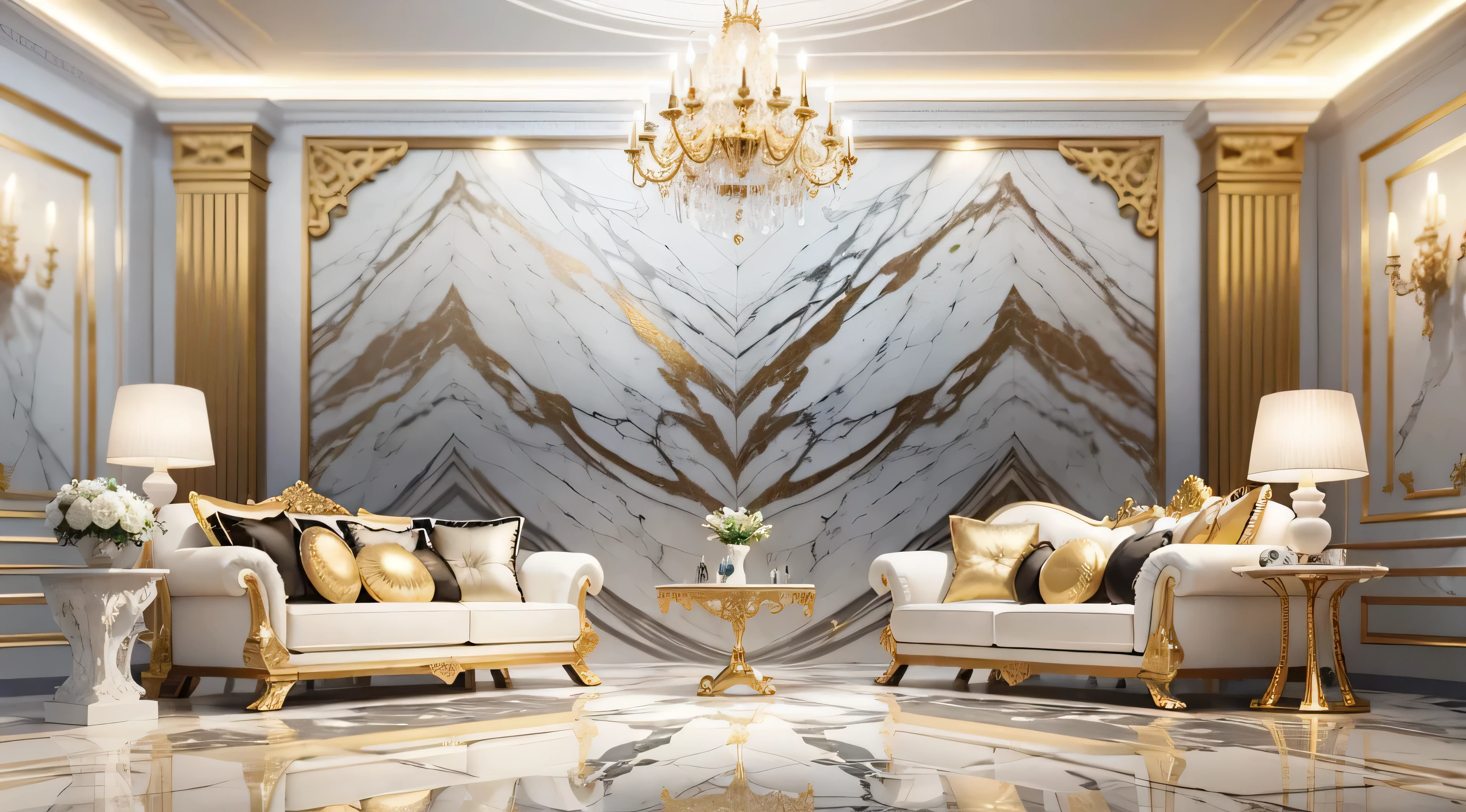 Close-up of living room with sofa and table, marble walls, white calacatta gold marble, heavenly marble, carved marble texture silk cloth, stone marble, marble, marble slabs, marble material, marble stone, colored marble, marbled, ivory and black marble, Ethereal gold and silver tones, marble skin, made of liquid metal and marble