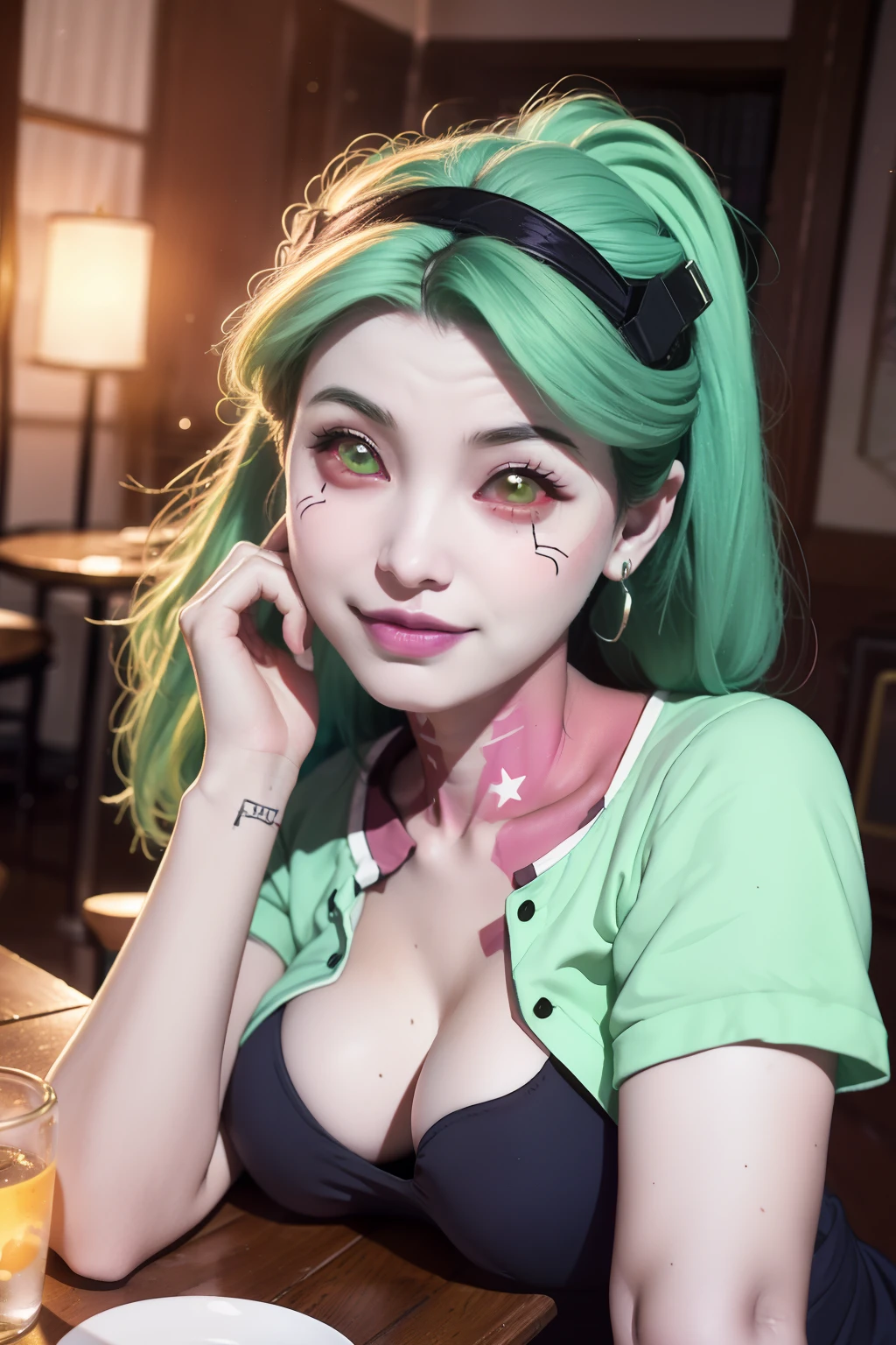 Ridiculous, high resolution, Super detailed, Rebecca, Green hair, red sclera, pink tattoo, purple lips, Double tail, Headband, hat, Black T-shirt, :3, Grinning, Arm support, looking at the audience, Put your hands on your cheeks, squinting, table, Dining room, Chest，Upper body，Areola，moon，The rocket takes off，cyberpunk，visual lens，A high resolution, photore, lock focus, north african free trade area, face lamp, dynamic lighting, highest details, extremly high detail、ultra - detailed、the detail、Genuine skin、exquisite facial features、prone to negative emotions