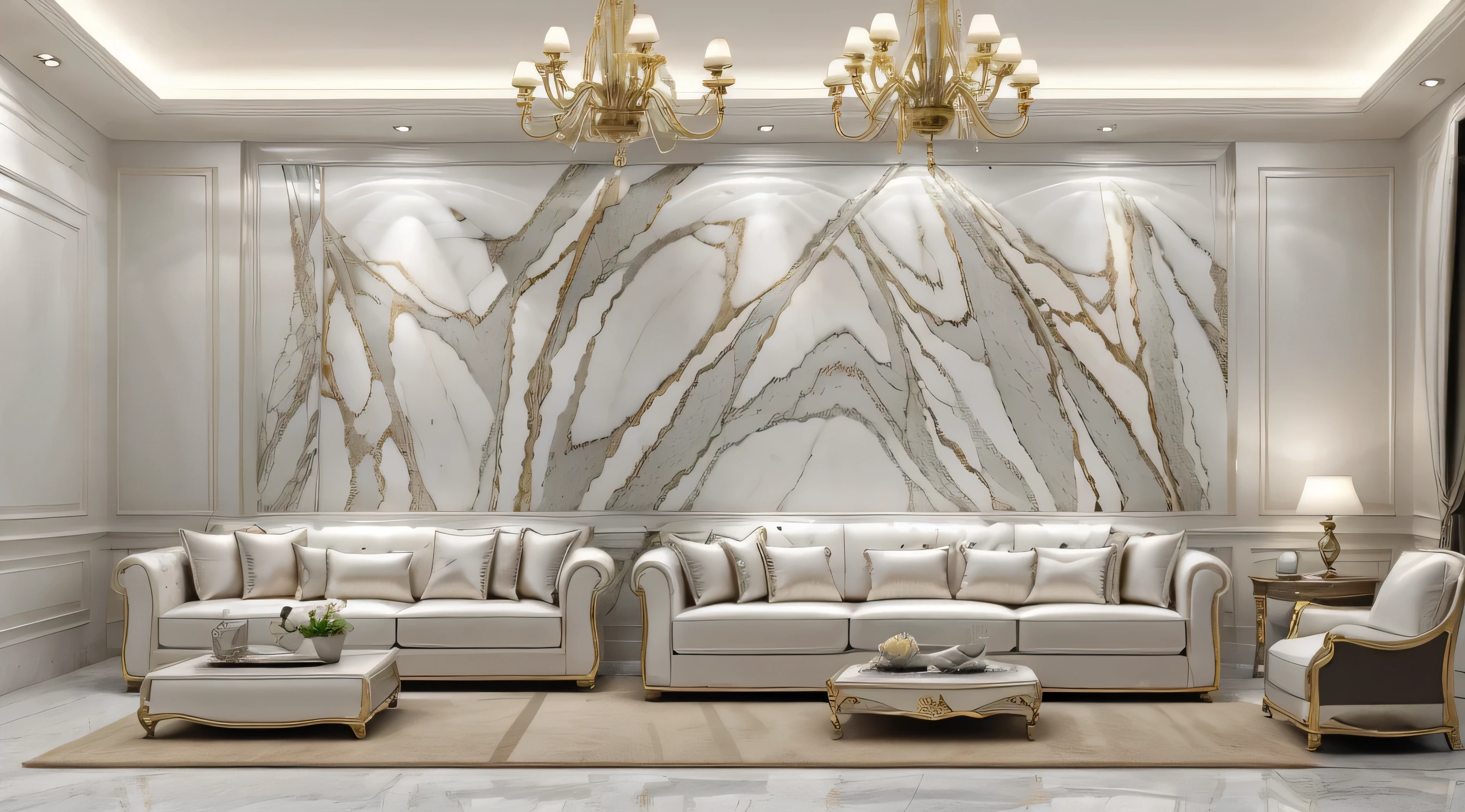 Close-up of living room with sofa and table, marble walls, white calacatta gold marble, heavenly marble, carved marble texture silk cloth, stone marble, marble, marble slabs, marble material, marble stone, colored marble, marbled, ivory and black marble, Ethereal gold and silver tones, marble skin, made of liquid metal and marble