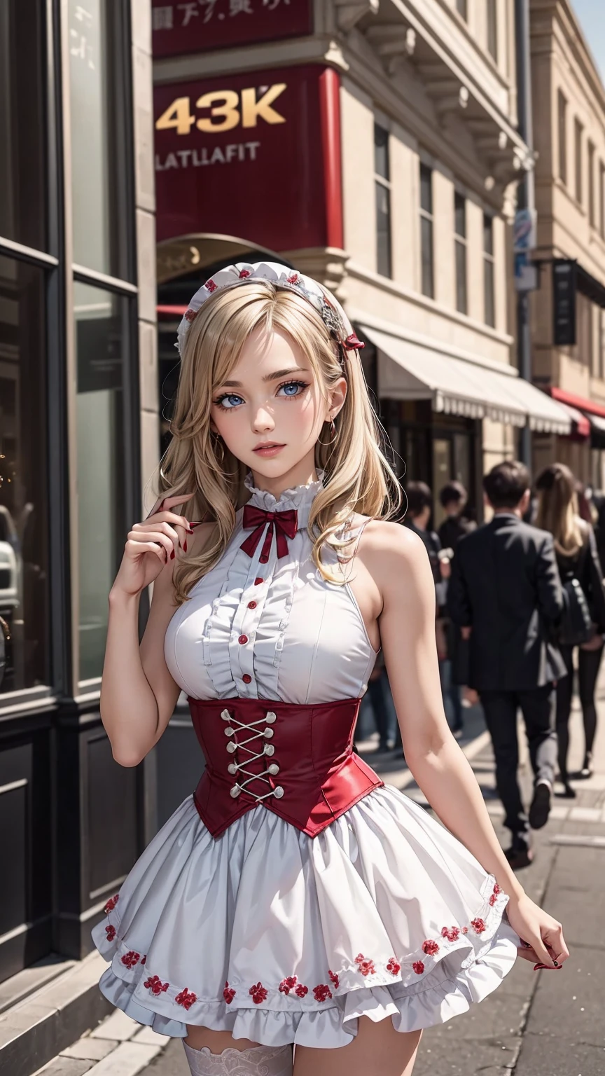 ((最high quality, 8K, masterpiece: 1.3, Ultra HD, high quality, 最high quality, High resolution, realism)) 、25 year old white woman、platinum blonde、blue eyes、long hair、straight hair、smile、Slender but well-proportioned muscular body、Athlete-like body type、I don't want my head to disappear from the screen.、Wearing red nail polish、I have a peticure、Gothic and Lolita ((Gothic & Lolita))、I'm in the middle of a scramble intersection in a big city