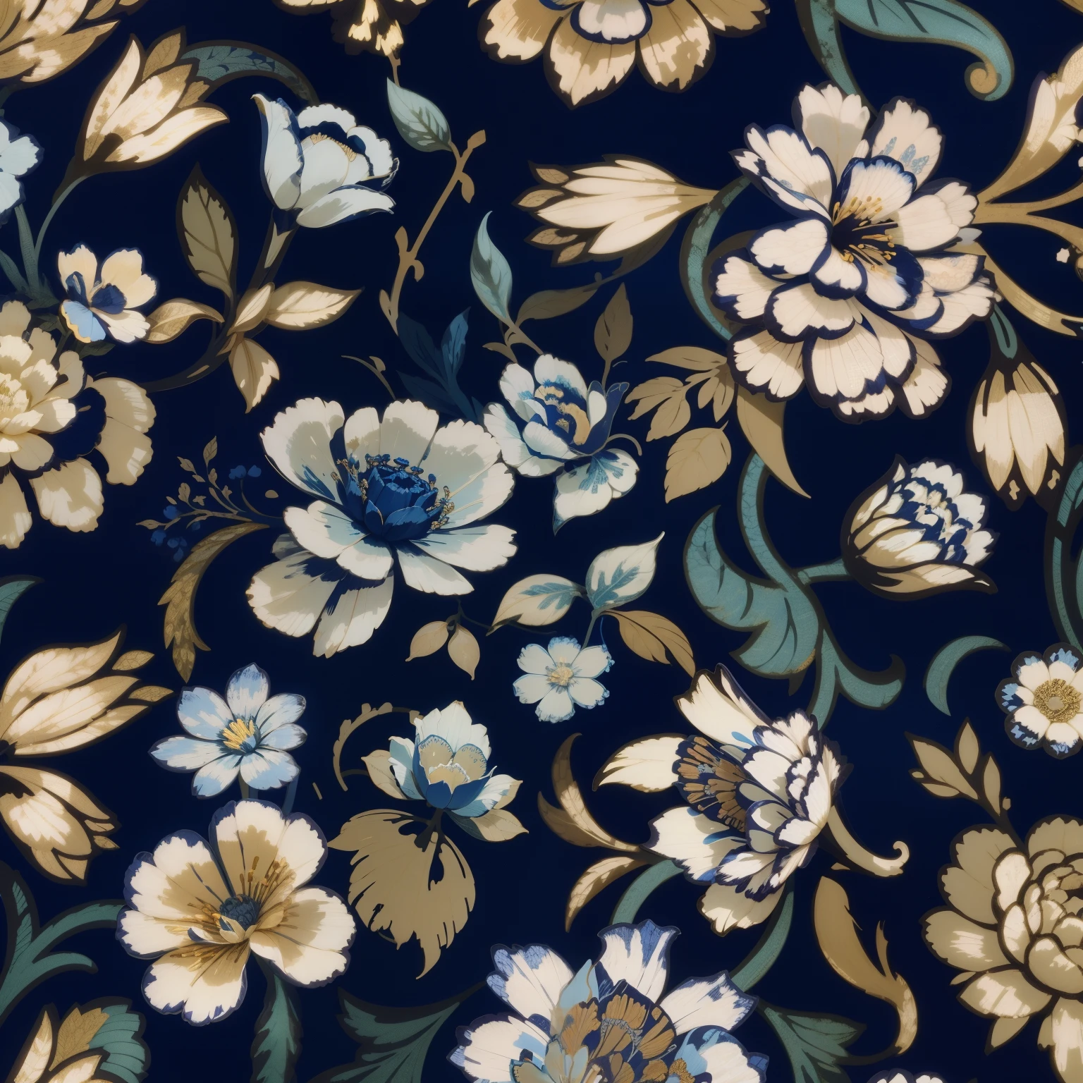 Close-up on blue background，There is a bouquet of flowers on it, inspired by William Morris, ornate flowery, flowery dream, flowery pattern, beatrice blue, Textile printing, Paisley, gorgeous flowers, gilded. flowery, Indigo blooming garden, Baroque fabric, flowery motives, blue forest with flowers, embroidered velvet, Jin brocade dark blue clothes