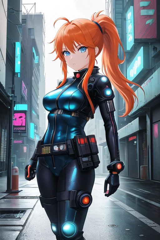 hd masterpiece, anime girl, 1girl ((32year old, dressed in a tight futuristic sci-fi bodysuit, utility belt, boots, medium breasts, short orange hair, pony tail styled hair, perfect model body:1.3, detailed blue eyes:1.5, standing the streets of a cyberpunk city with futuristic technology in the background:1.5)), dreamy cyberpunk girl, anime cyberpunk art, digital cyberpunk - anime art, cyberpunk anime girl, digital cyberpunk anime art, cyberpunk, cyberpunk anime art, cyberpunk vibe, cyberpunk art style ((solo:1.6))
