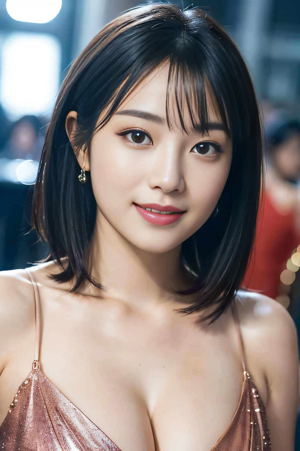 masterpiece, 8k, photorealistic, optimal ratio, detailed face, ((audience monitoring)), red lipstick, realistic, well-shaped bust, slender body, Photo with upper body facing forward, Detailed and beautiful hair, fine skin,  RAW color art,  diffused soft lighting, sharp focus, cinematic lighting、smile、bra bride、18-year-old、beauty of japan、short hairstyles