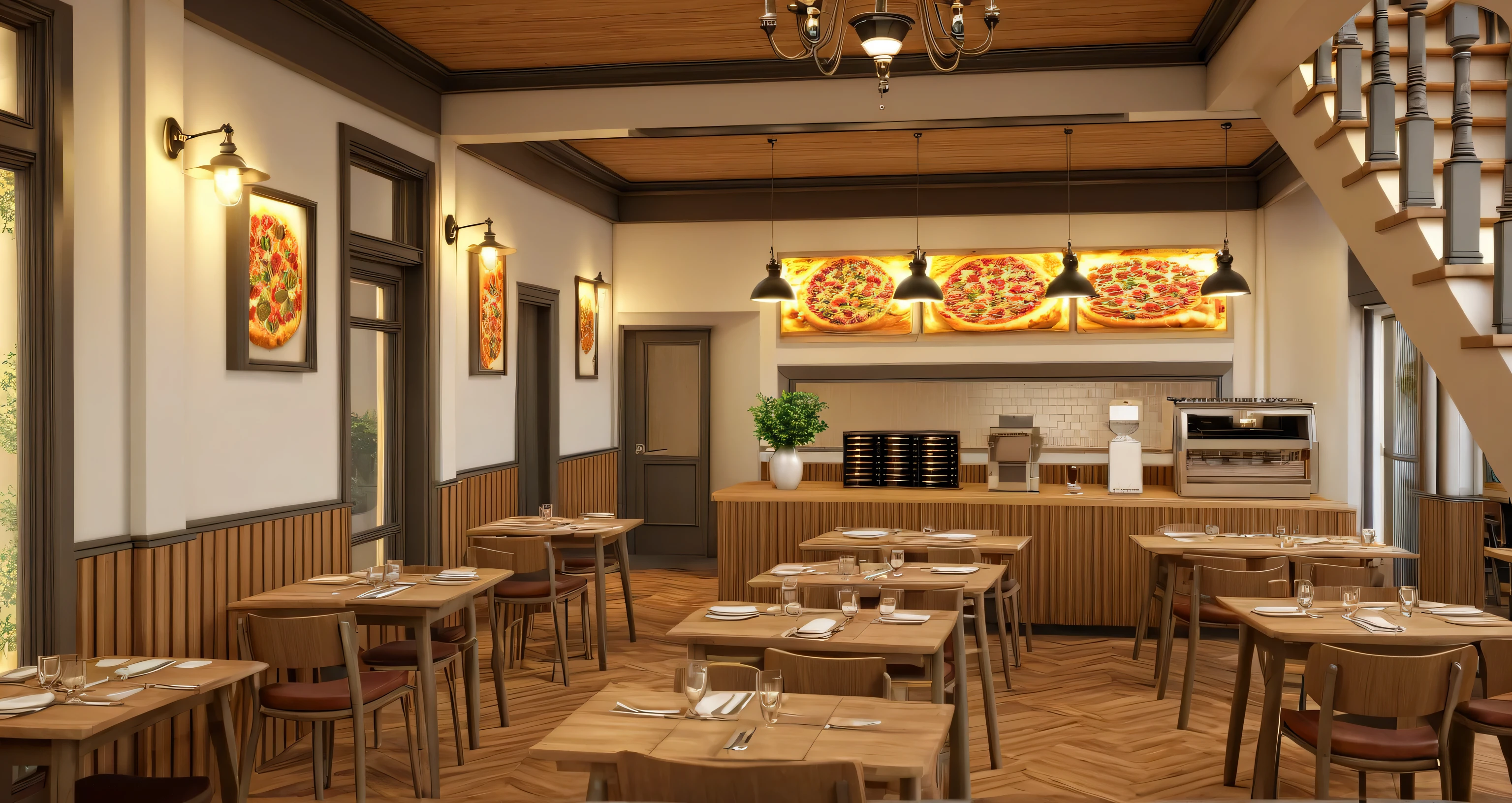 there is a drawing of a restaurant with a lot of tables, detailed rendering, pre-rendered, detailed renderings, a digital rendering, digital rendering, final render, 2 d render, detailed render, rendered, rendering, digitally painted, 3 d renders, conceptual rendering, cg rendering, high detail render, pizza in foreground, rendered 3d model, full room view