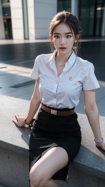 stand , (8k, best quality, masterpiece, ultra highres:1.2) Photo of Pretty thai woman beautiful, beautiful enchanting fashion contemporary painting with , (1girl), (white shirt short sleeves), ((black pencil skirt)), belt , , blonde hair, , realistic skin texture , round chin, 85 mm art lens, f 1. 2, sharp focus, 8 k high definition, insanely detailed, intricate, elegant, large breasts, black skirt