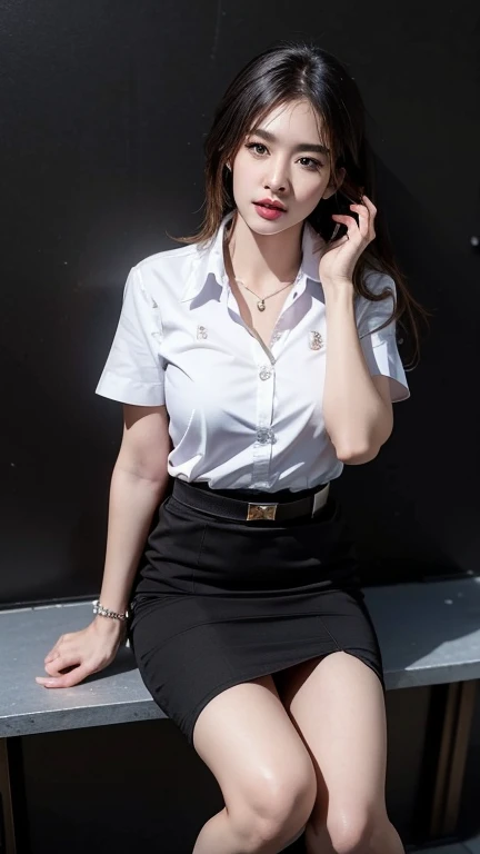 stand , (8k, best quality, masterpiece, ultra highres:1.2) Photo of Pretty thai woman beautiful, beautiful enchanting fashion contemporary painting with , (1girl), (white shirt short sleeves), ((black pencil skirt)), belt , , blonde hair, , realistic skin texture , round chin, 85 mm art lens, f 1. 2, sharp focus, 8 k high definition, insanely detailed, intricate, elegant, large breasts, black skirt
