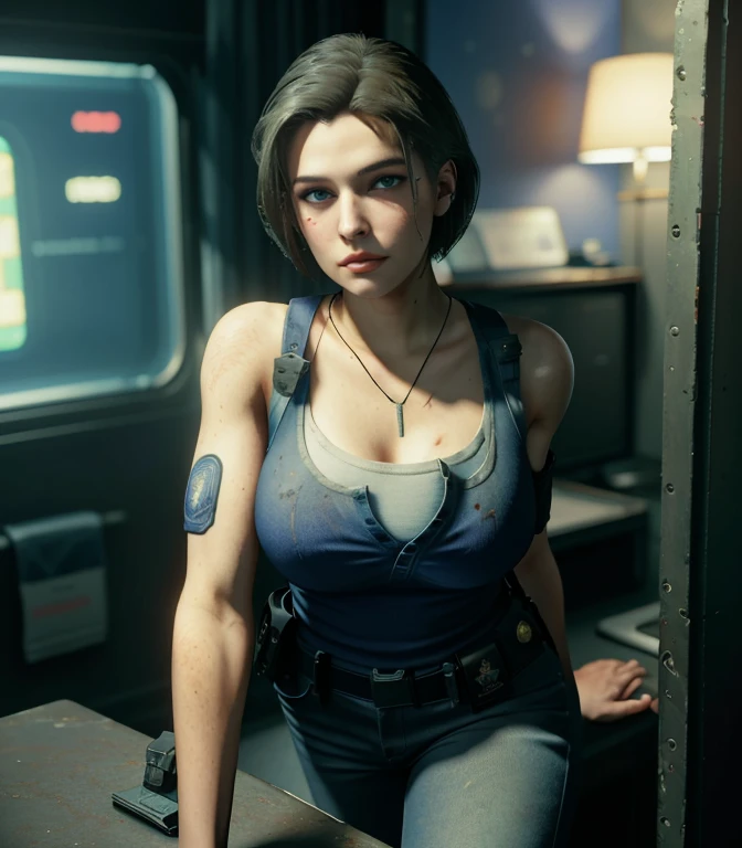 Close-up of woman in uniform taking a photo, Glamorous Jill Valentine, The heroine of the novel 👀 :8, Kidney price, Cyberpunk 2 0 p. Hey typical girl, Highly realistic concept art, officer, Vampire inspired, background of Vampire game, Known as Amoranth, Vampire, Cyberpunk girl, sexual girl, thicc, The heroine of the novel, big , (Giant tits), split, show split, T-shirt on stingy, Full body, Full body shot, Skimpy military cropped jeans, sexual, sexual Obscene, Obscene, Showing a lot of wet vaginal skin