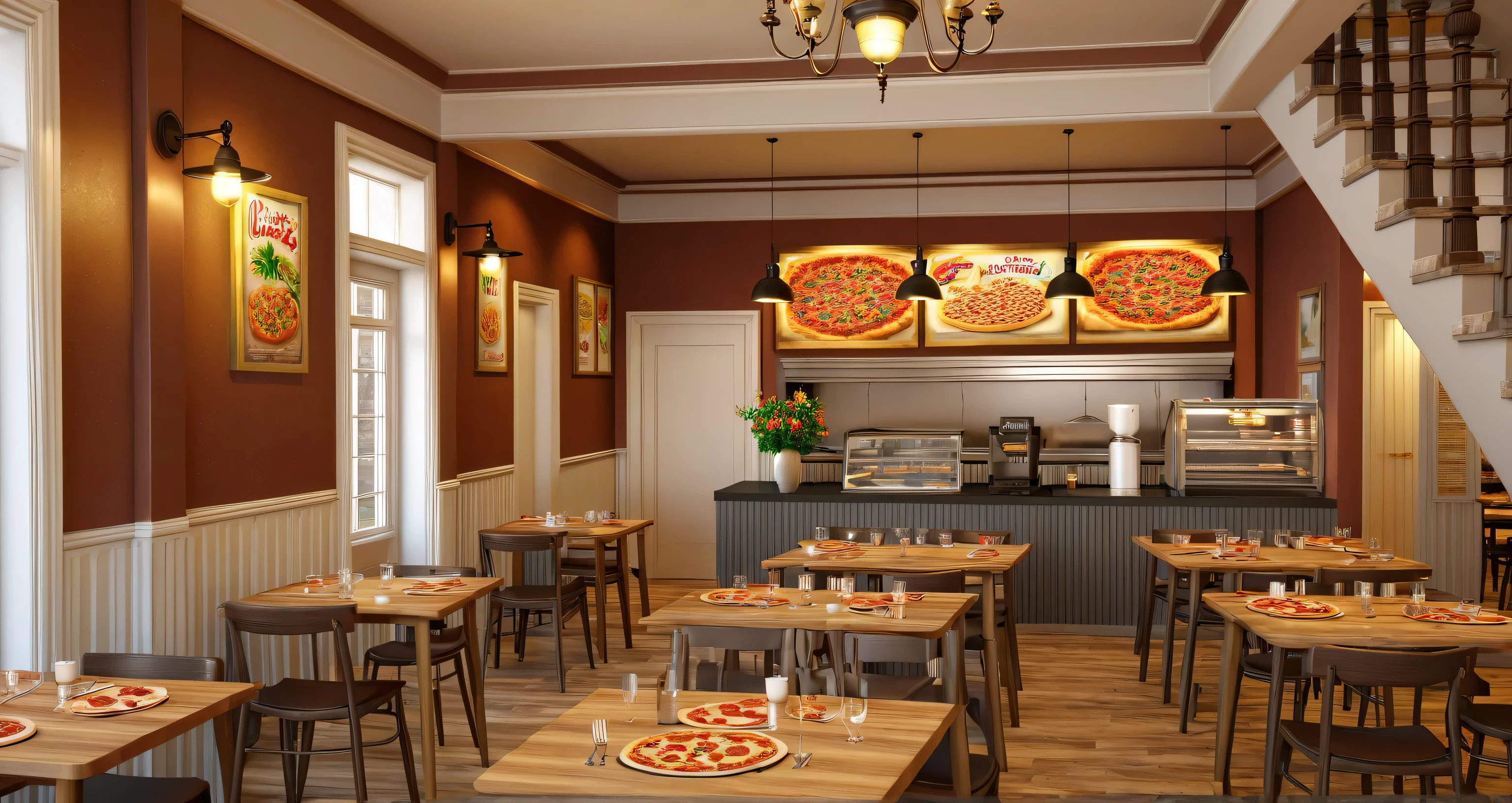 there is a drawing of a restaurant with a lot of tables, detailed rendering, pre-rendered, detailed renderings, a digital rendering, digital rendering, final render, 2 d render, detailed render, rendered, rendering, digitally painted, 3 d renders, conceptual rendering, cg rendering, high detail render, pizza in foreground, rendered 3d model, full room view