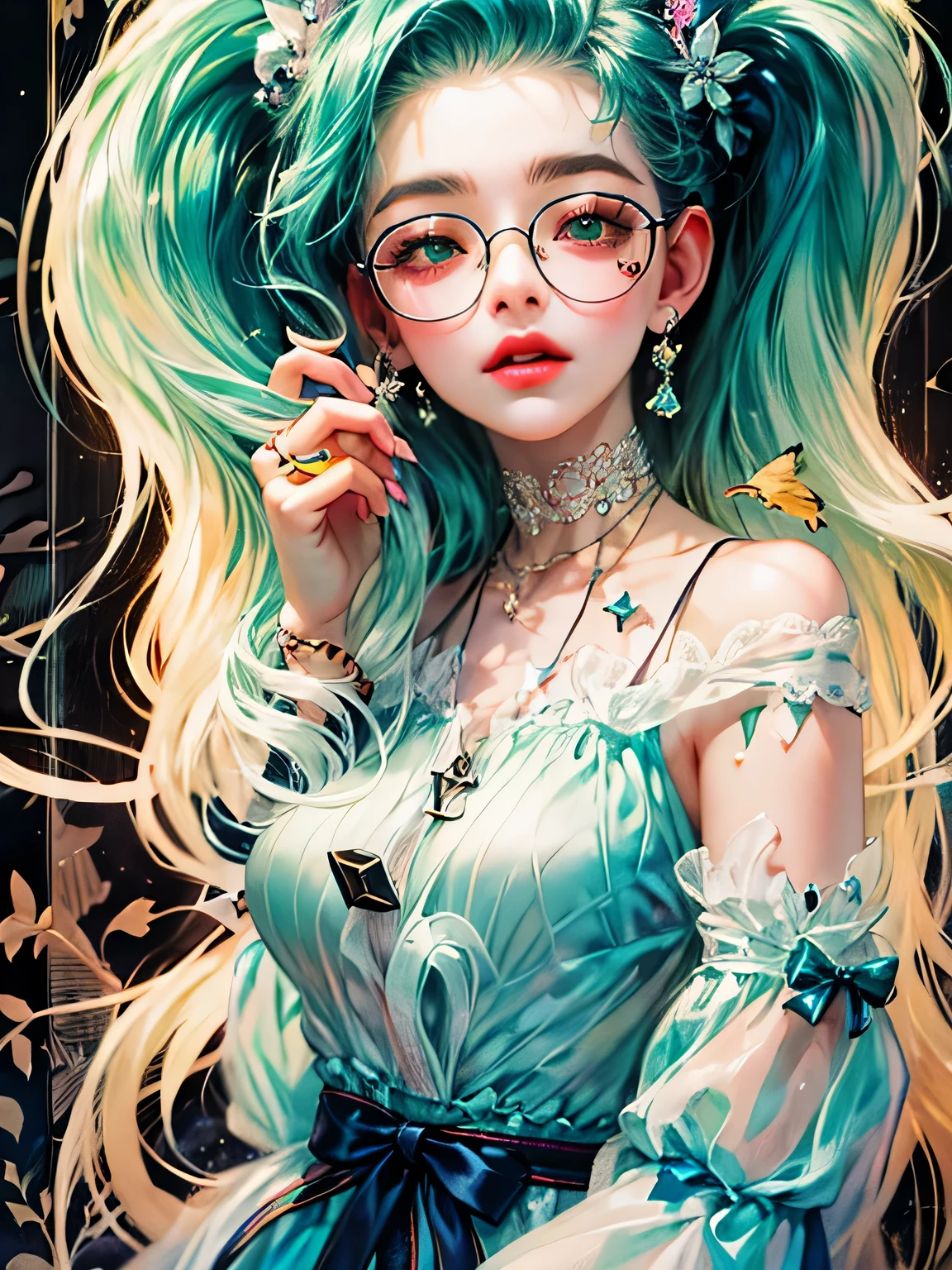 anime girl with green hair and glasses posing for a picture, anime girl with teal hair, loish art style, digital art on pixiv, artwork in the style of guweiz, in the art style of bowater, digital anime illustration, inspired by loish, beautiful anime art style, anime style illustration, anime styled digital art