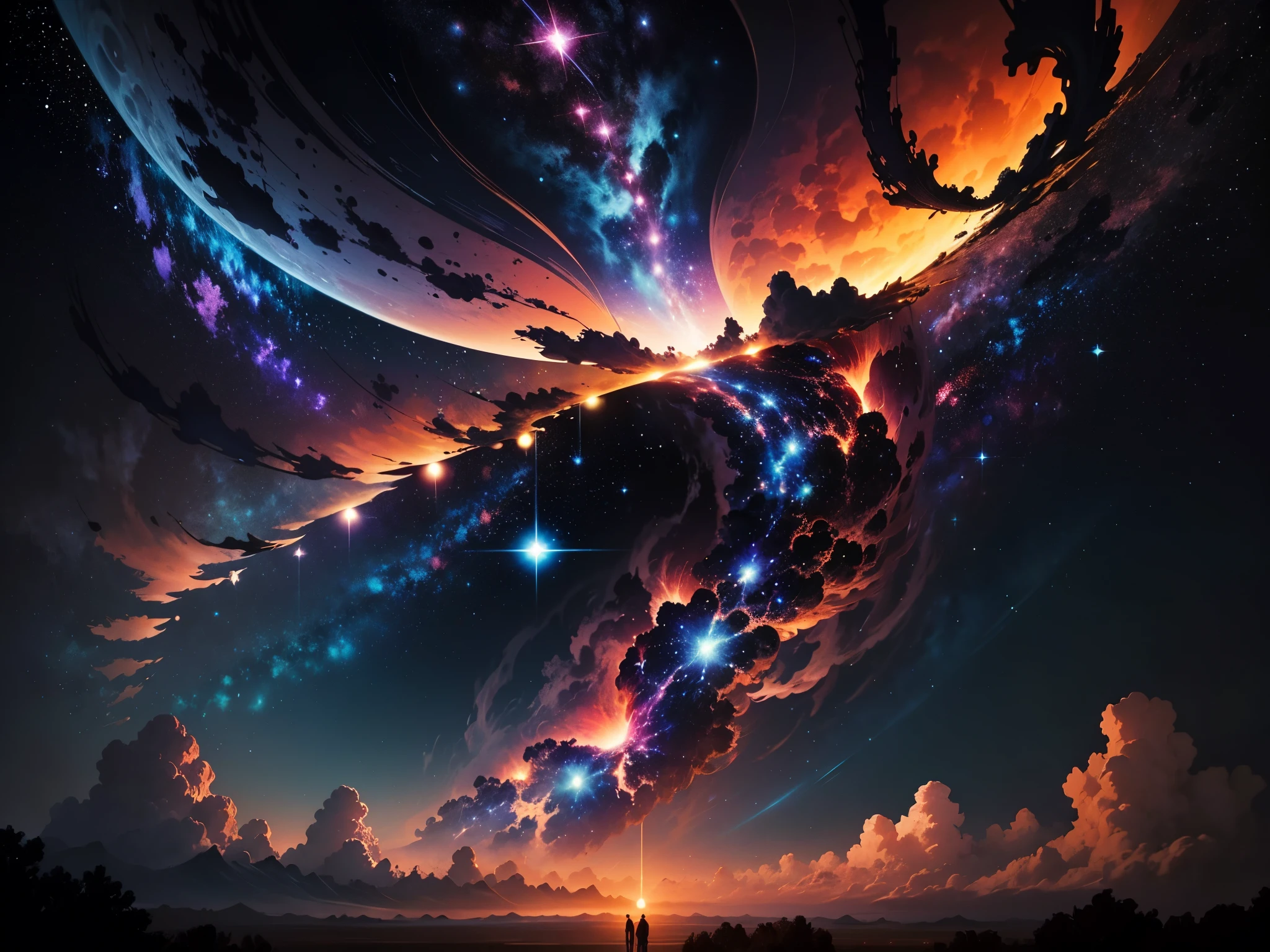 With ultra-clear detail picture quality, a magnificent starry sky scene is depicted. The main content is a nebula and stellar constellation at the center of the Milky Way, orbiting the planets and moons in the universe. The background environment is a vast and endless space with a mysterious and peaceful atmosphere. Light shines through the interweaving of nebulae and planets, creating soft halos and chiaroscuro. The composition adopts the golden section, which highlights the layered and balanced beauty of galaxies. The style references Miyazaki's dreamy colors and delicate brushstrokes to create an intoxicating starry world.