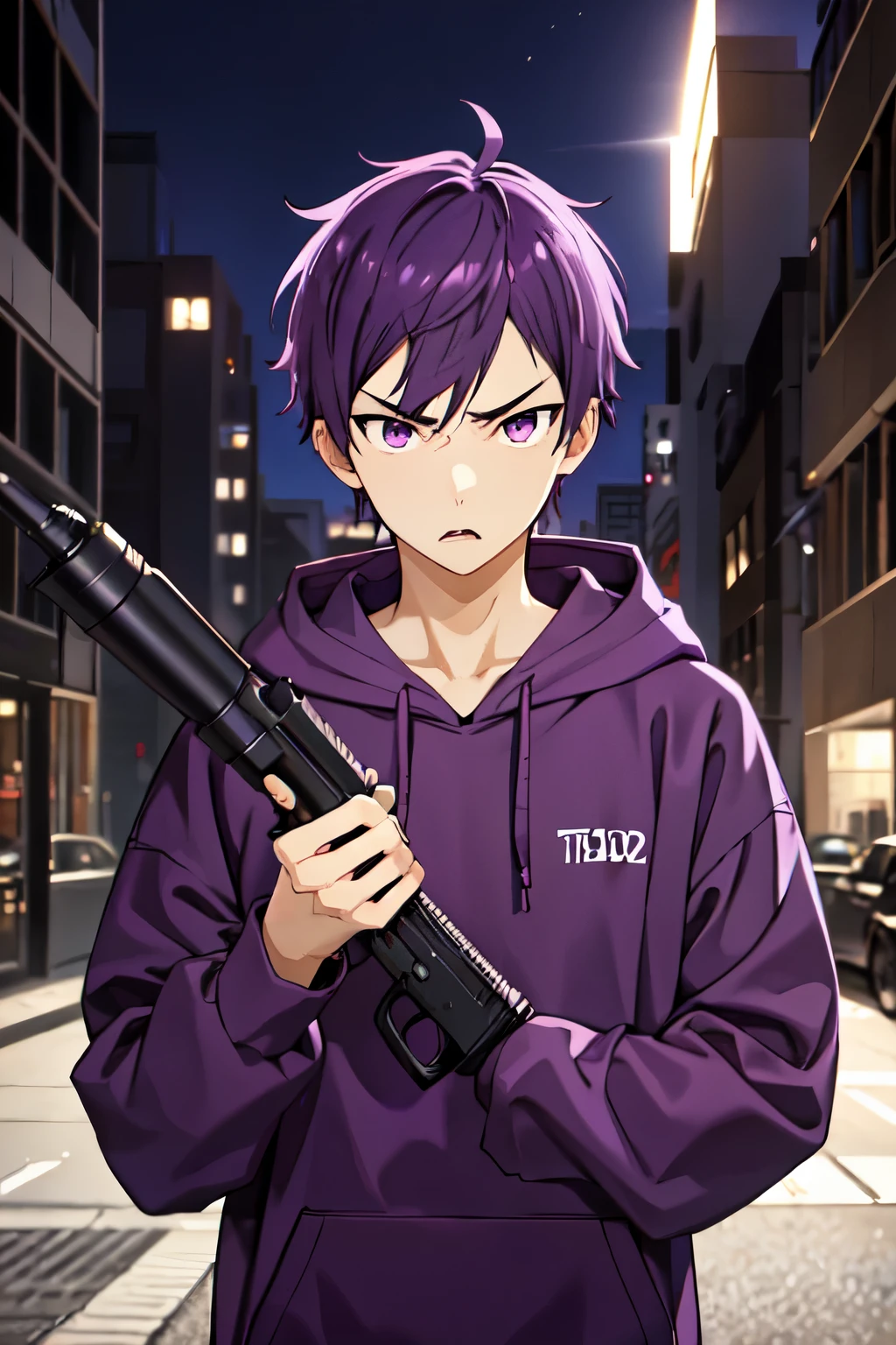 masterpiece, best quality, Holding a sniper, angry expression,high quality, 1boy, solo, male focus, looking at viewer, upper body, tooru_ishikawa, purple hair, purple eyes, purple hoodie,  half body photo