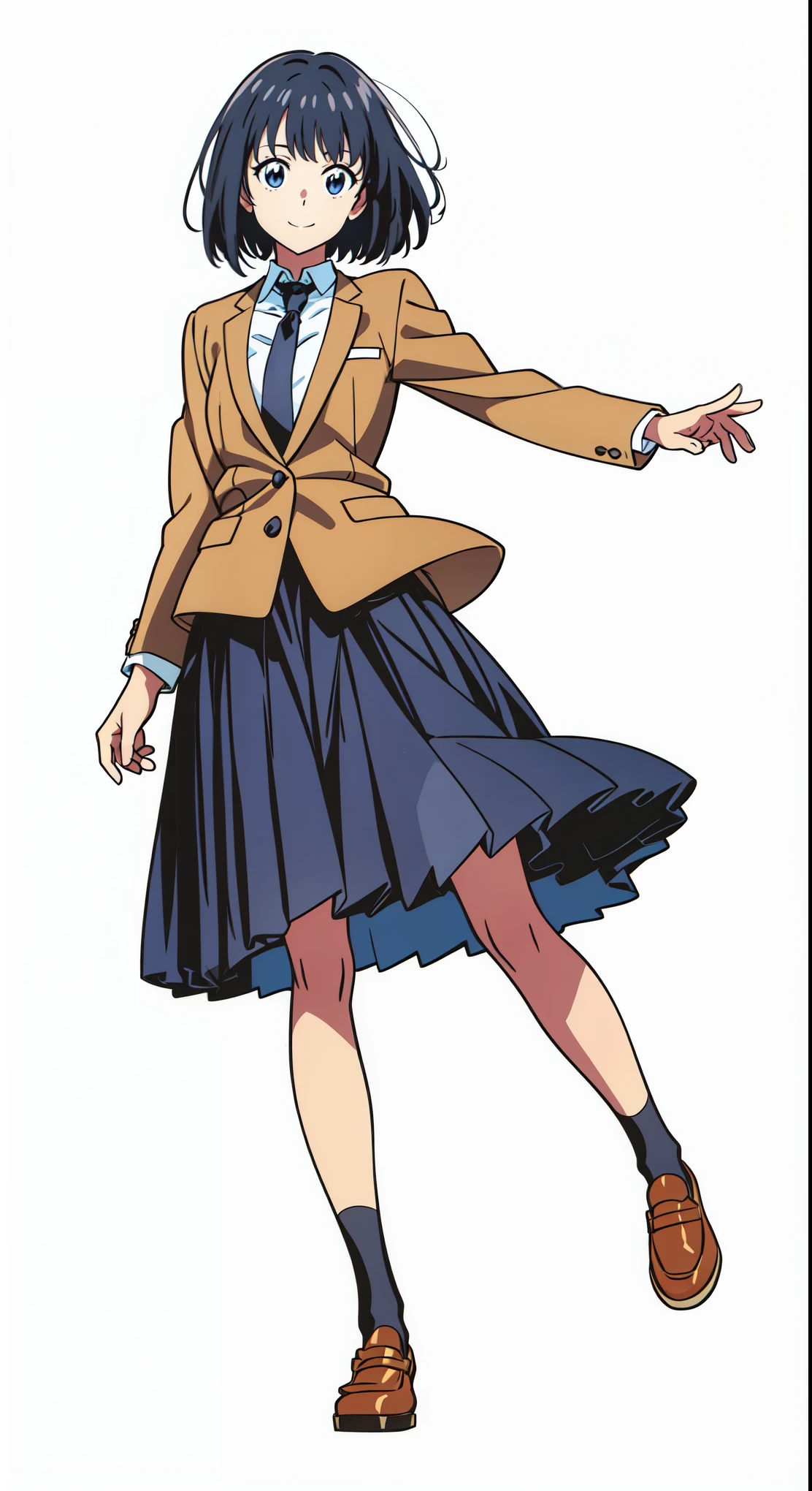 (best quality:1.0), (masterpiece:1.0), (super fine illustration:1.0), (beautiful artwork:1.0), (anime screencap:1.0), (official art:1.0), (tareme:1.5), (cheerful:1.5), (light smile:1.5), (white background:1.0), (best quality:1.0), (masterpiece:1.0), (super fine illustration:1.0), (beautiful artwork:1.0), (anime screencap:1.0), (official art:1.0), (full body:1.0), (solo:1.0), (HSGA:1.0), (a 18yo cute girl:1.0), (long skirt:1.0), (dark blue skirt:1.0), (pleated skirt:1.0), (school uniform beige blazer:1.0), (dark blue necktie:1.0), (loafers:1.0), (black socks:1.0), (ideal ratio body proportions:1.0), (lanky:1.0), (tall:0.0), (slender:1.0), (small breasts:1.0), (smaller face:0.0), (tareme:1.0), (detailed beautiful eyes:1.0), (detailed beautiful face:1.0), (glowing black eyes:1.0), (bob cut hair:1.0), (black hair:1.0), (standing:1.0), (looking at viewer:1.0)