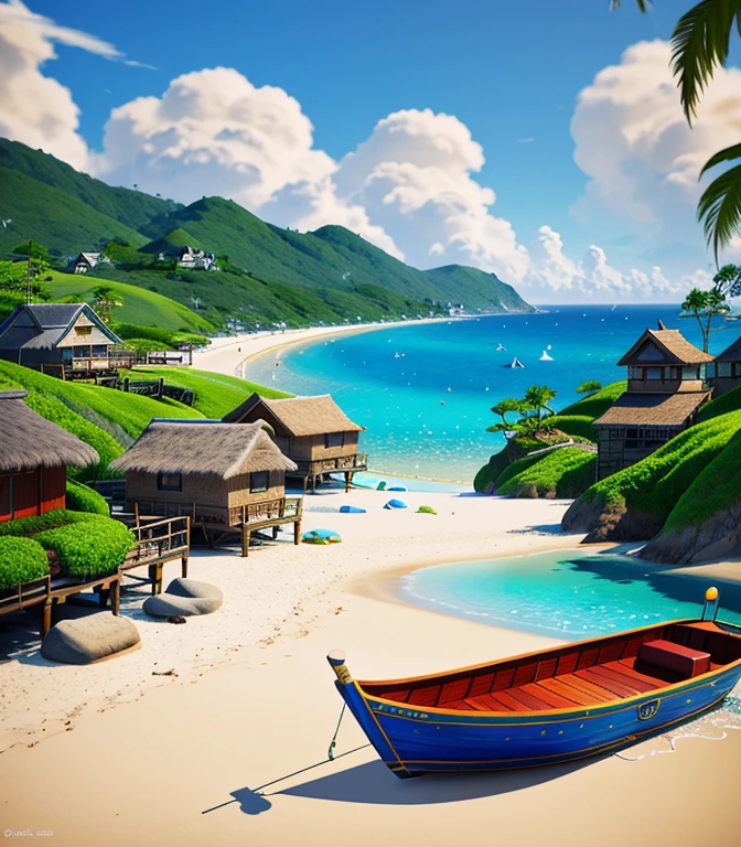 Fantasy-inspired painting of a beach village in Kawase style, Rendered in Cinema4D, bulbous, Fine nautical details, Creative character design, Whimsical animation style, 32 thousand HD --ar 2:1