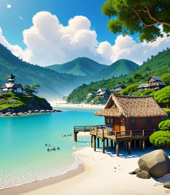 Fantasy-inspired painting of a beach village in Kawase style, Rendered in Cinema4D, bulbous, Fine nautical details, Creative character design, Whimsical animation style, 32 thousand HD --ar 2:1