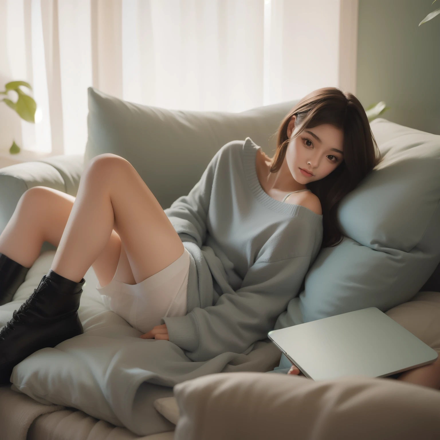 araffe sitting on a couch with a laptop and a book, gorgeous young korean woman, ulzzang, cute elegant pose, korean girl, sitting in bedroom, reclining on bed, beautiful young korean woman, sitting on the bed, sitting on a bed, korean women's fashion model, good young girl, attractive pose, beautiful south korean woman