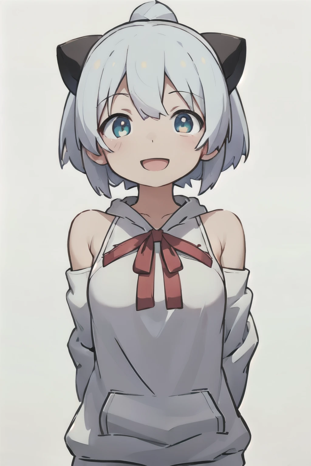 white background、Solid white background、blank background、arms behind back、hide your hands、beautiful detailed eyes、red eyes、White hair x red eyes、White hair, red eyes、redhead inside、「tsurime」「large breasts」Upper body photographed from the front,(high quality, Breathtaking),(delicate eyes, perfect face)solo,Era: late 20s, open your mouth without showing your teeth、Smile with mouth wide open、open your mouth wide、shoulder-length short hair,, white hair,Middle parted bangs、White bikini with ruffles、Off-the-shoulder hoodies、