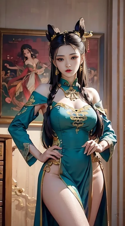 （from outside） ， many colors，best quality，masterpiece，realistic photos，intricate details，RAW photos，court，Gorgeous cheongsam，extra long hair，Off the shoulders，delicate face，Baogou，decorate，perfect fingers，anatomically correct，(The room is very big，0.8)，shiny skin，arms on hips