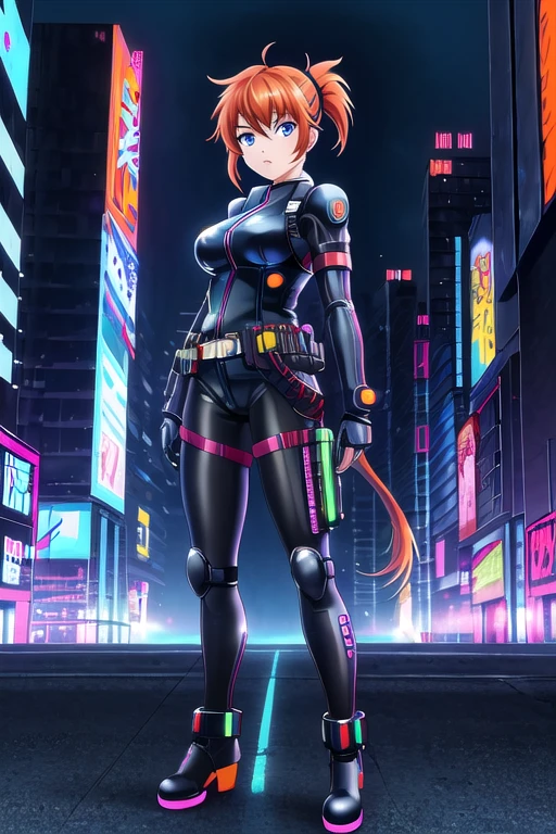 1girl, wearing sturdy combat armour, cyberpunk, cyborgs, braided hair, leaning against a concrete wall with graffiti, hands behind her back, night, neon lights, <lora:antiwhite:0.8>