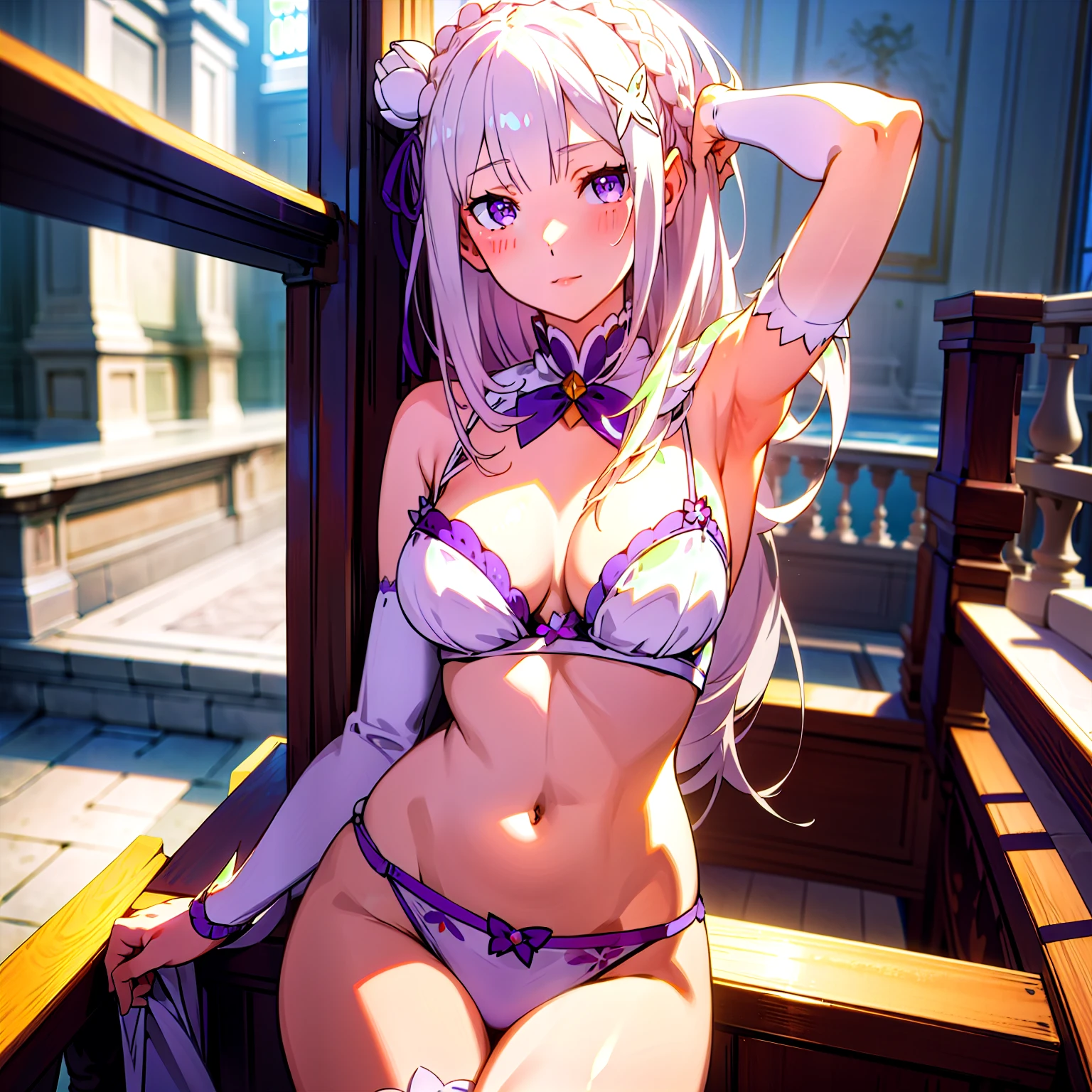 White-haired girl lingerie panties leg open multi-detail, Emilia re:zero, purple eyes, Emilia, crown braid, x hair ornament, flower hair ornament, white hair, long hair, medium breasts,