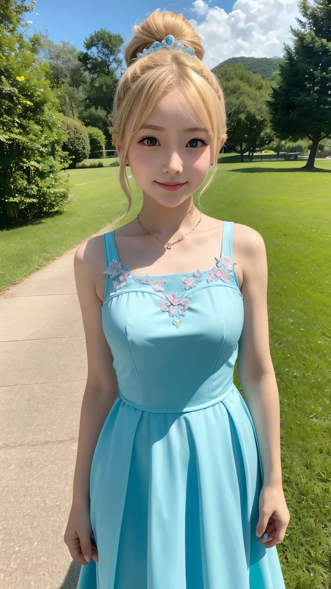 She is 5 years old and is cosplaying as a princess.、blonde short、smile、blue eyes、Colorful and flashy Chinese dress、ponytail